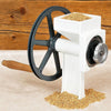 Handcrafted USA made grain mill featuring a sturdy aircraft aluminum flywheel, 4-3/4" machined carbon steel burrs, and wooden handle, ideal for Farm, Garden & Tool and Kitchen & Food collections.