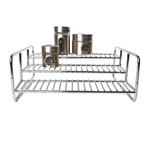 Chrome-plated 3-level wire rack with three stainless steel canisters, ideal for organizing kitchen spices and canned goods, featured in Kitchen & Food, Storage and Serving, and Best Sellers collections.