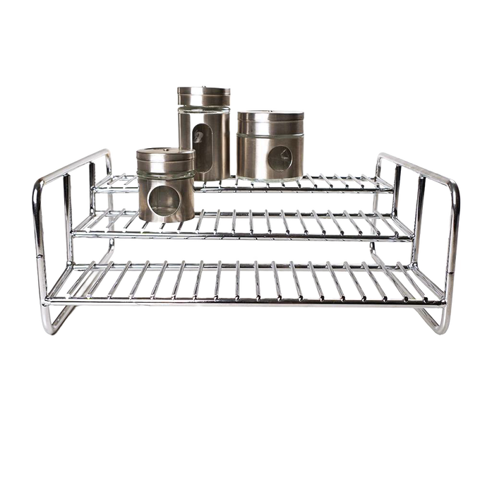 Chrome-plated 3-level wire rack with three stainless steel canisters, ideal for organizing kitchen spices and canned goods, featured in Kitchen & Food, Storage and Serving, and Best Sellers collections.