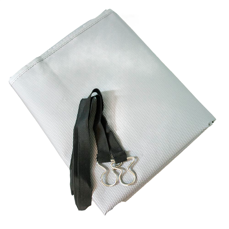 Folded gray outdoor air conditioner cover made from durable textured fabric, paired with a long black elastic strap and metal clasp, featured in Home & Decor and Household Helpers collections.