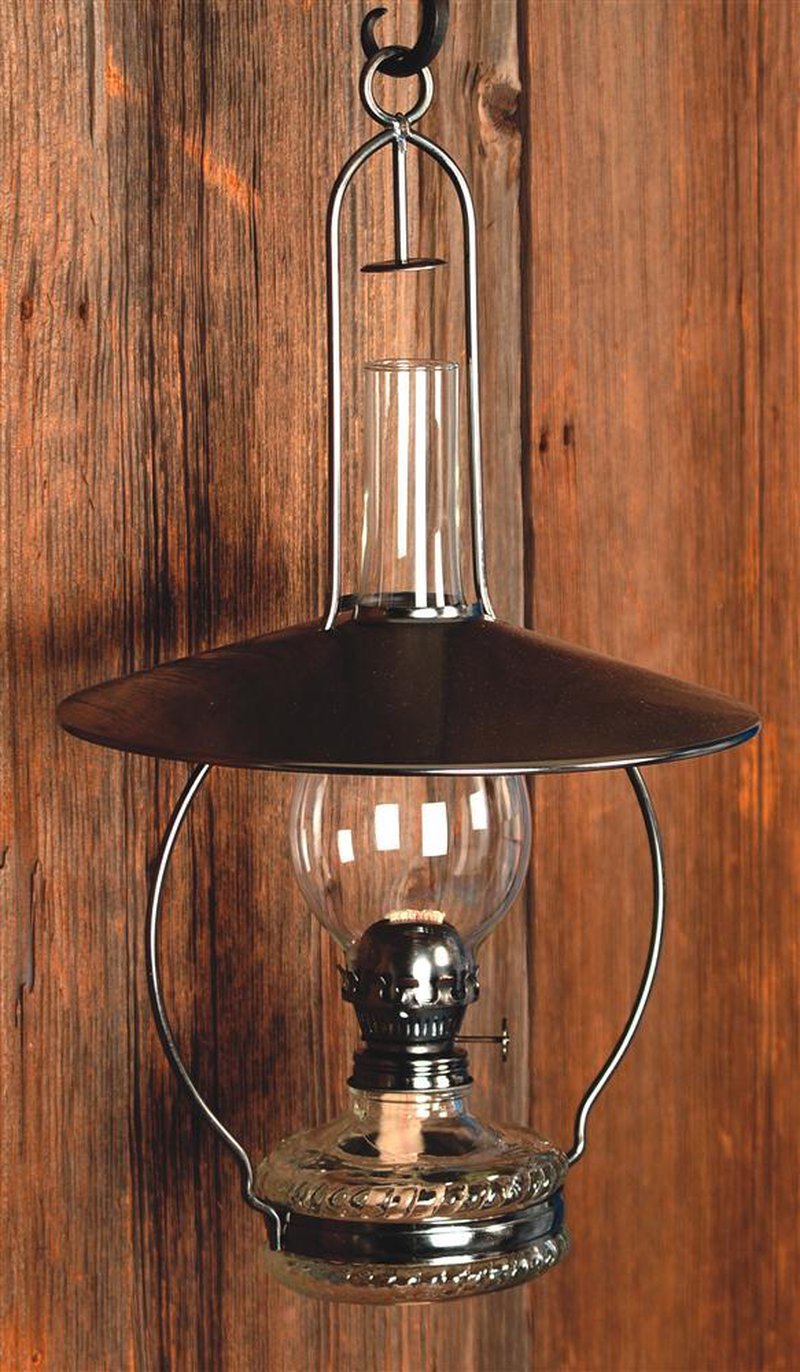 Handcrafted hanging oil lamp with antiqued steel top reflector and embossed rope design, designed to spread light downward, ideal for Farm, Garden & Tool and Lamps & Lighting collections.