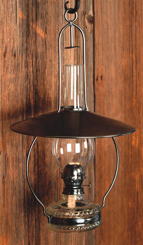 Handcrafted hanging oil lamp with antiqued steel top reflector and embossed rope design, designed to spread light downward, ideal for Farm, Garden & Tool and Lamps & Lighting collections.