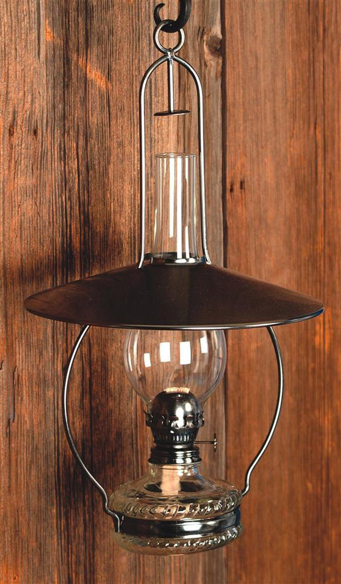 Handcrafted hanging oil lamp with antiqued steel top reflector and embossed rope design, designed to spread light downward, ideal for Farm, Garden & Tool and Lamps & Lighting collections.