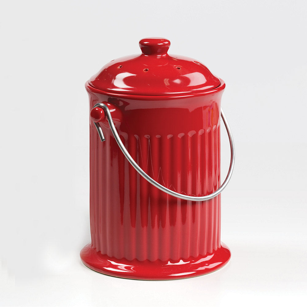 Handcrafted bright red ceramic compost keeper with gleaming finish and stainless steel handle, featuring odor-preventing filter, ideal for Farm, Garden & Tool, Composting, and Best Sellers collections.
