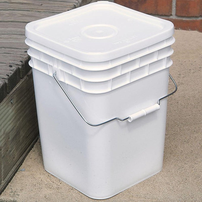 White 4-gallon plastic storage bucket with a tight-fitting lid and a sturdy metal handle, perfect for food storage, tools, and emergency supplies in Farm, Garden & Tool and Kitchen & Food collections.