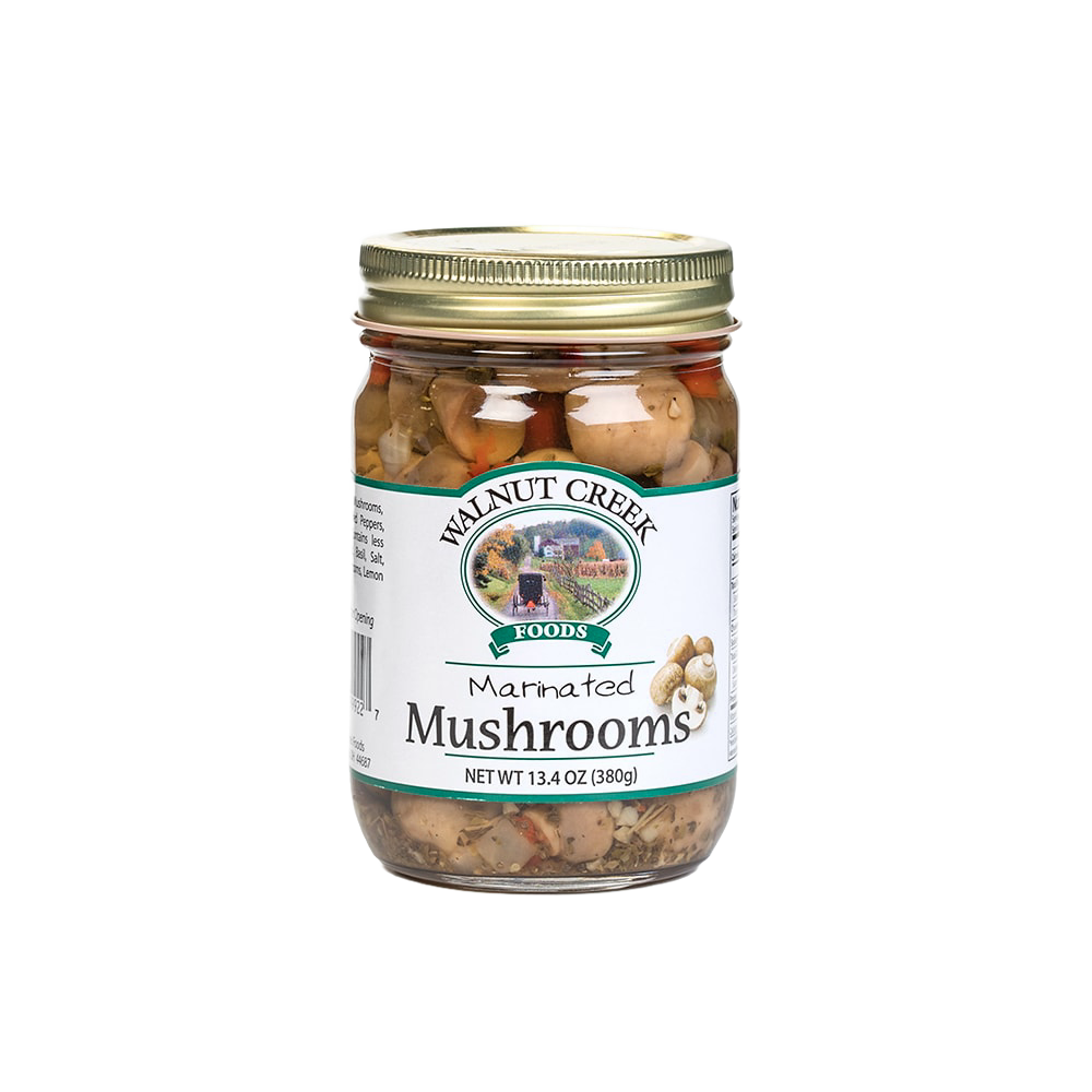 Glass jar of handcrafted marinated mushrooms with onions, red peppers, and spices, made in USA, featured in Kitchen & Food, Snacks and Sweets, Pantry, and Best Sellers collections.