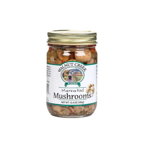 Glass jar of handcrafted marinated mushrooms with onions, red peppers, and spices, made in USA, featured in Kitchen & Food, Snacks and Sweets, Pantry, and Best Sellers collections.