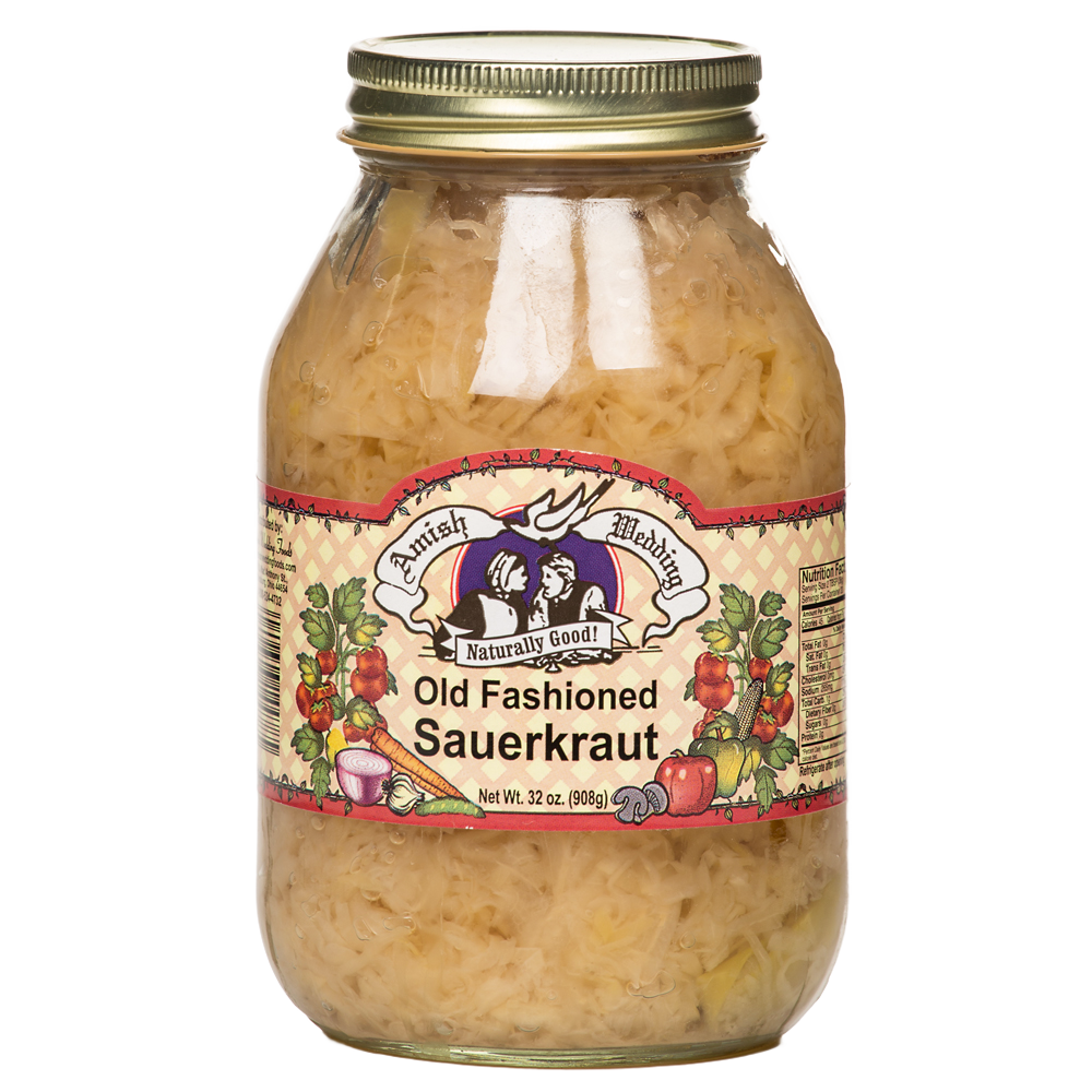 Large glass jar of Amish made old fashioned sauerkraut in natural brine with vintage-style label and gold metal lid, ideal for Kitchen & Food, Pantry, USA Made, Best Sellers, Promo Eligible collections