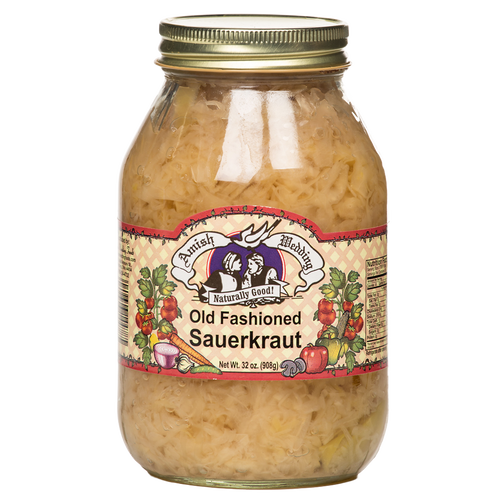 Large glass jar of Amish made old fashioned sauerkraut in natural brine with vintage-style label and gold metal lid, ideal for Kitchen & Food, Pantry, USA Made, Best Sellers, Promo Eligible collections