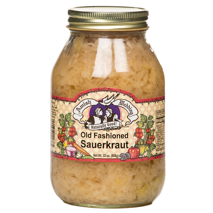 Large glass jar of Amish made old fashioned sauerkraut in natural brine with vintage-style label and gold metal lid, ideal for Kitchen & Food, Pantry, USA Made, Best Sellers, Promo Eligible collections