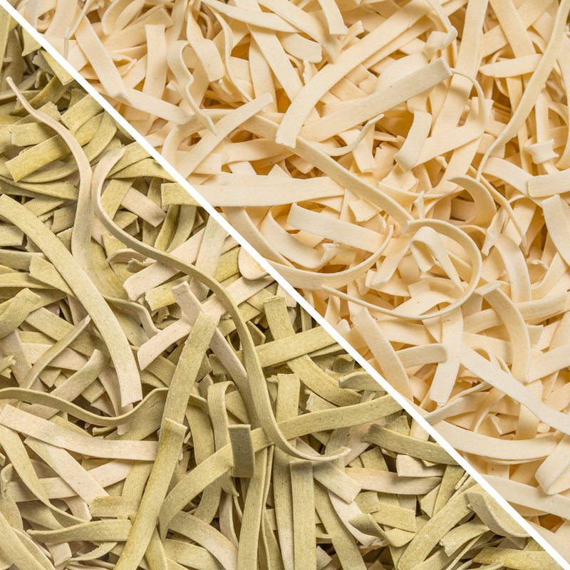 Close-up of handcrafted gluten-free homestyle noodles in natural beige and green hues, made in the USA, part of Kitchen & Food, Gluten Free, Pantry, and Best Sellers collections.