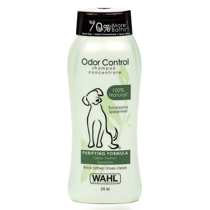 Light green bottle of Wahl odor control dog shampoo concentrate with eucalyptus and spearmint scent, offering a natural purifying formula for freshening and deodorizing, featured in Grooming and Personal Hygiene, Pet Supplies, USA Made, Best Sellers, and Promo Eligible collections.