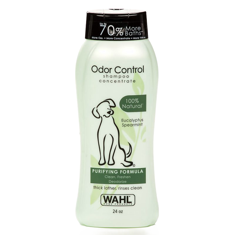 Light green bottle of Wahl odor control dog shampoo concentrate with eucalyptus and spearmint scent, offering a natural purifying formula for freshening and deodorizing, featured in Grooming and Personal Hygiene, Pet Supplies, USA Made, Best Sellers, and Promo Eligible collections.