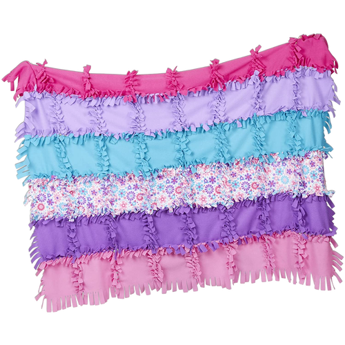 Colorful handmade fleece quilt with layers of pink, purple, blue, and patterned floral fabric strips tied together, perfect for arts and crafts, children's toys, and best sellers collections.