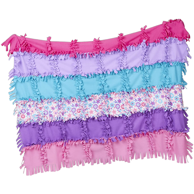 Colorful handmade fleece quilt with layers of pink, purple, blue, and patterned floral fabric strips tied together, perfect for arts and crafts, children's toys, and best sellers collections.