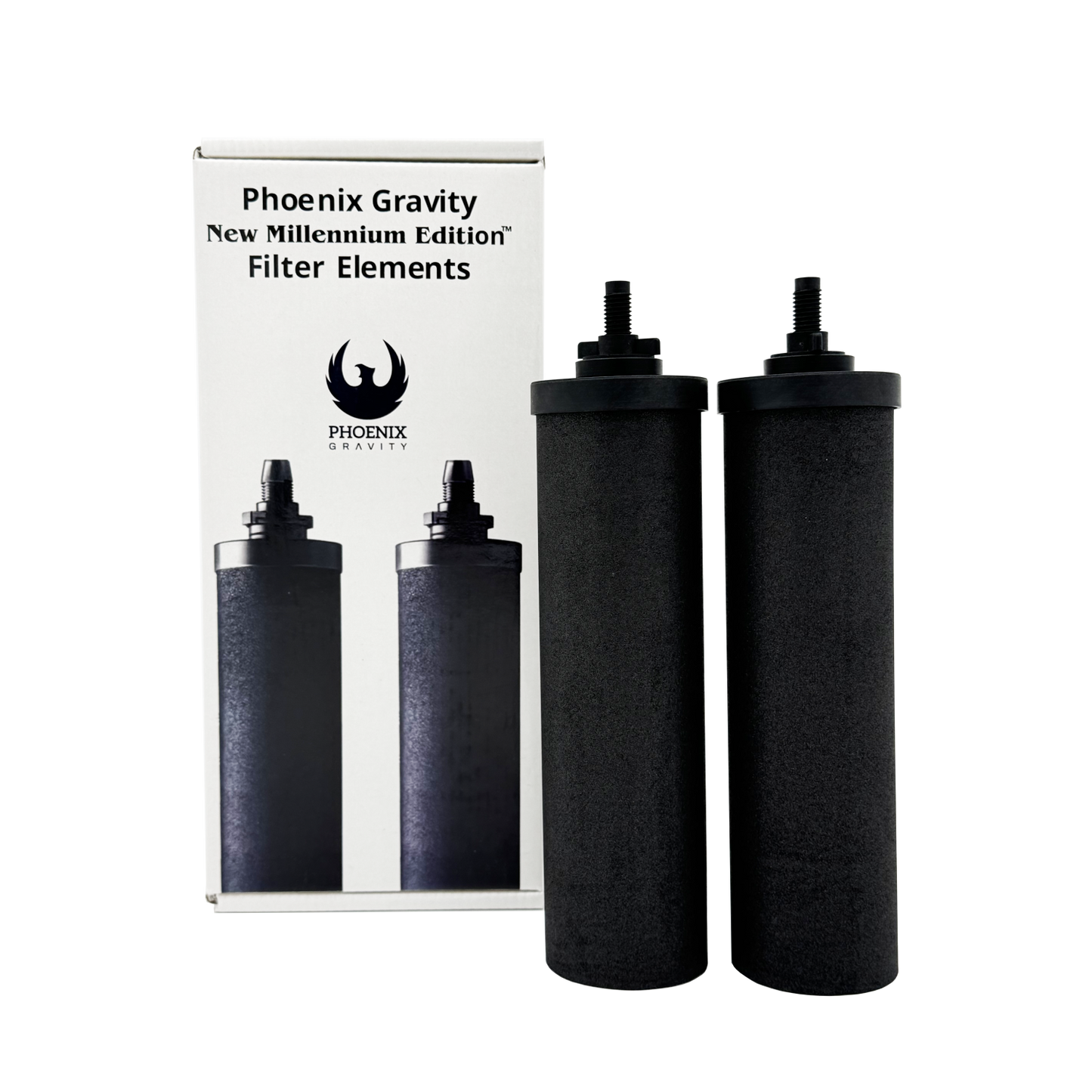 Pair of black gravity-style water filter elements next to white packaging, designed for Appliances, Water Heating and Treatment, Berkey Water Filters, Best Sellers, and Promo Eligible collections.