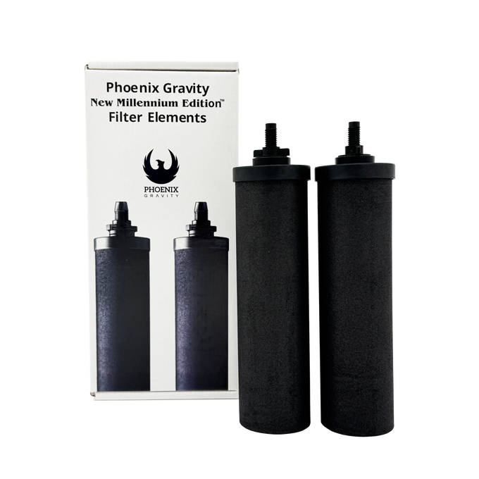 Pair of black gravity-style water filter elements next to white packaging, designed for Appliances, Water Heating and Treatment, Berkey Water Filters, Best Sellers, and Promo Eligible collections.