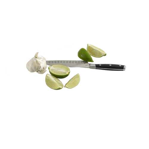 Professional kitchen knife with black handle placed beside fresh lime wedges and a garlic bulb, ideal for Food Prep, Kitchen Gadgets, and Kitchen Accessories collections.