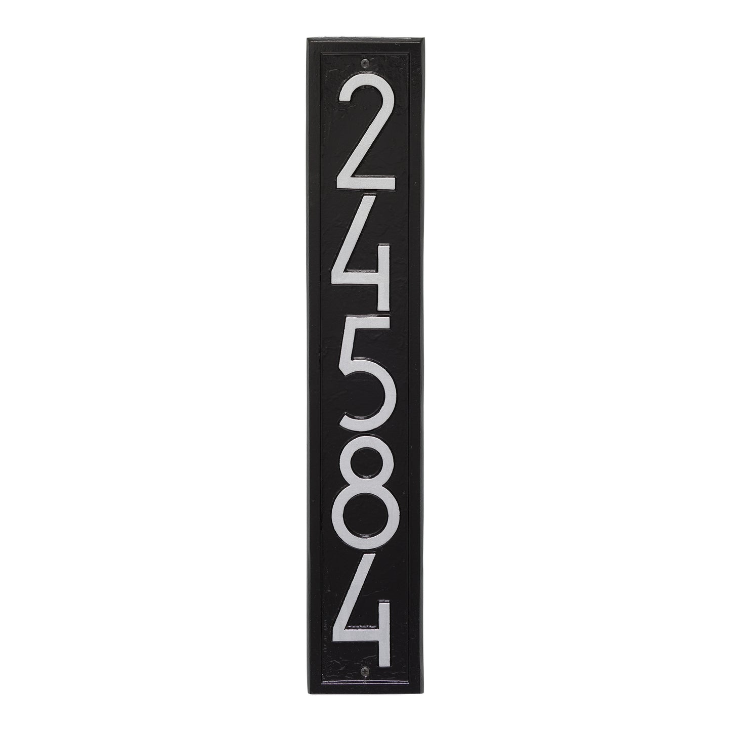 Handcrafted vertical custom wall plaque in black with silver contemporary numbers, made in USA, enhancing curb appeal, perfect for Home & Decor, Household Helpers, and Mailboxes and Address Signs collections.