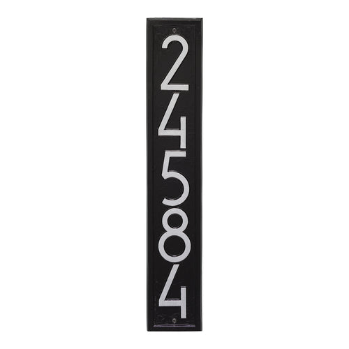 Handcrafted vertical custom wall plaque in black with silver contemporary numbers, made in USA, enhancing curb appeal, perfect for Home & Decor, Household Helpers, and Mailboxes and Address Signs collections.
