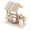 Small handcrafted nativity scene featuring wood stable and attached resin figurines of Mary, Joseph, and baby Jesus, perfect for Home & Decor and Holiday Decor collections.