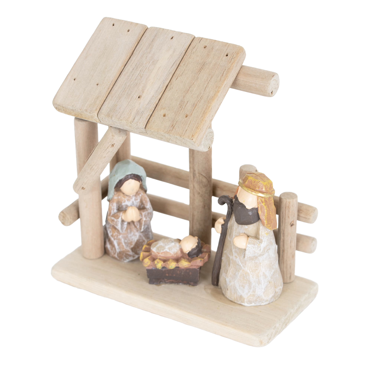 Small handcrafted nativity scene featuring wood stable and attached resin figurines of Mary, Joseph, and baby Jesus, perfect for Home & Decor and Holiday Decor collections.