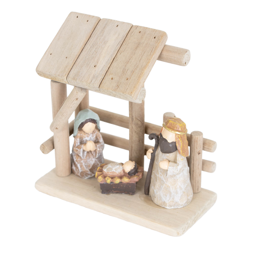 Small handcrafted nativity scene featuring wood stable and attached resin figurines of Mary, Joseph, and baby Jesus, perfect for Home & Decor and Holiday Decor collections.