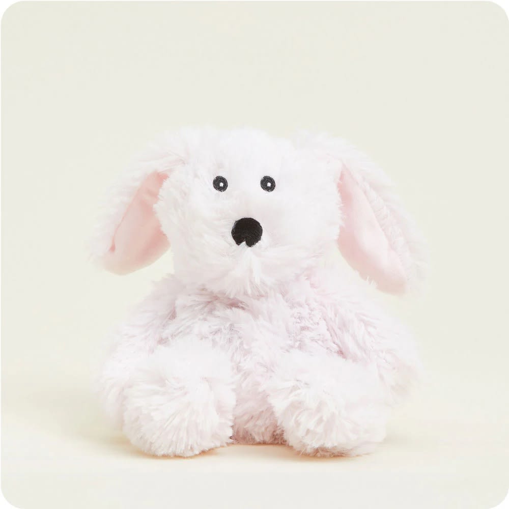 Soft and cuddly white plush bunny with pink inner ears, microwaveable and weighted for comforting warmth, scented with dried French lavender, ideal for Health & Wellness and Children's Toys collections.