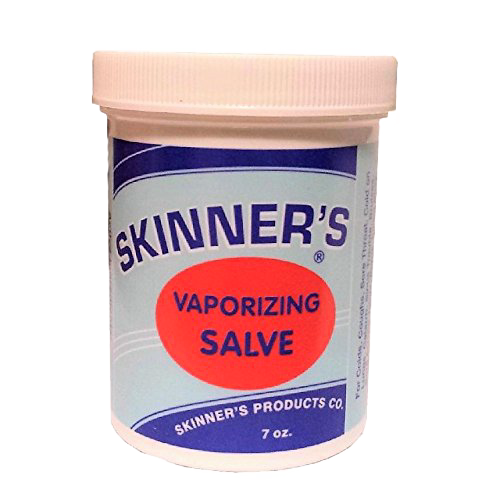 White plastic jar labeled Skinner’s Vaporizing Salve with red oval and blue text, containing 7 oz., featured in Health & Wellness, Health Remedies, USA Made, Best Sellers, and Promo Eligible collections.
