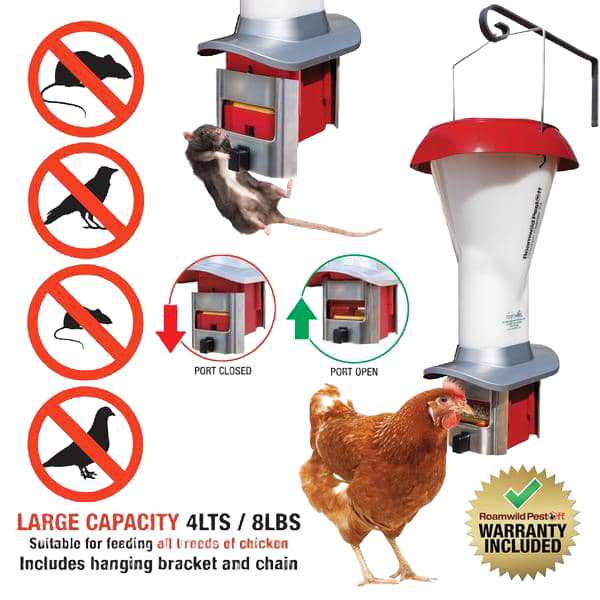 Vermin-proof chicken feeder with weight-activated door blocking pests like rats and large birds, large 8 lbs capacity, weatherproof design, includes hanging bracket and chain, ideal for Farm, Garden & Tool and Animal Care collections.