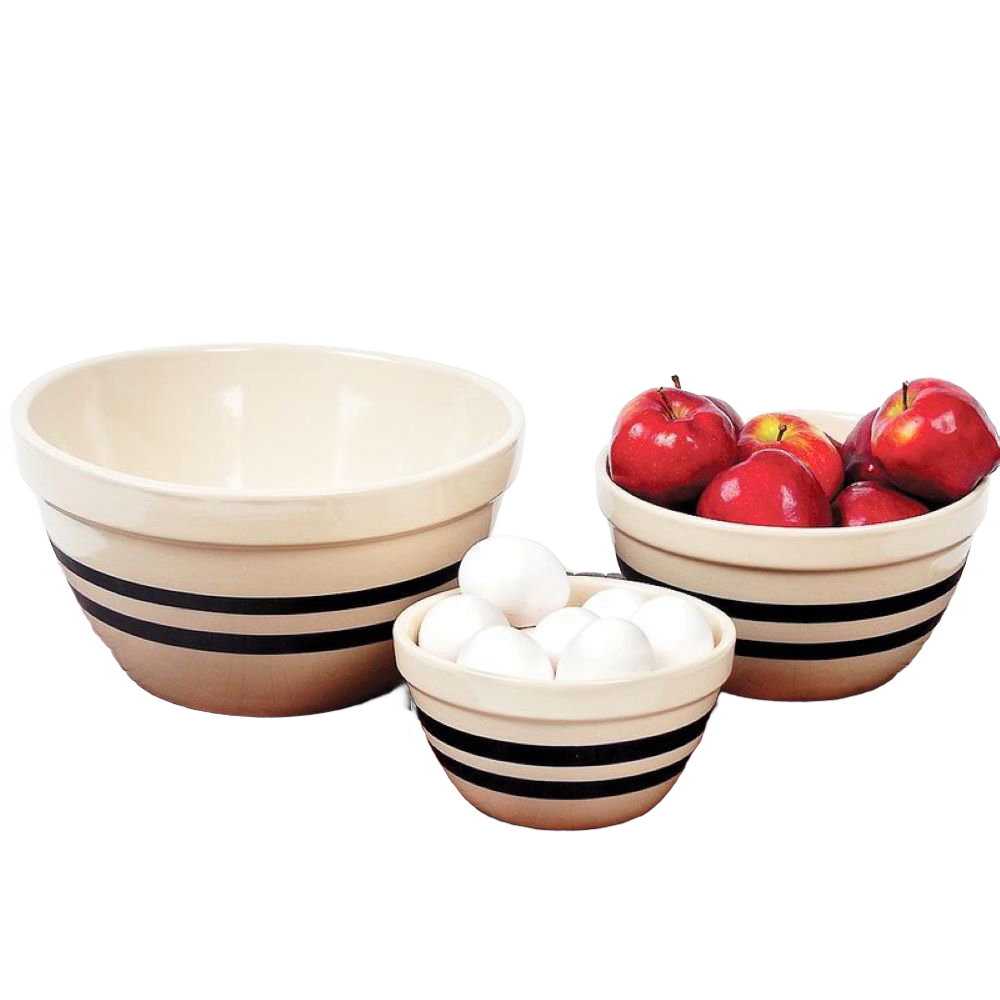 Set of three handcrafted USA-made stoneware shoulder bowls with classic black stripes, suitable for mixing, baking, serving, and storage in Kitchen & Food, Cookware, Baking Supplies, Dinnerware, Storage and Serving, USA Made, and Best Sellers collections.