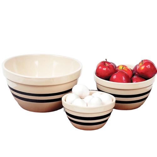 Set of three handcrafted USA-made stoneware shoulder bowls with classic black stripes, suitable for mixing, baking, serving, and storage in Kitchen & Food, Cookware, Baking Supplies, Dinnerware, Storage and Serving, USA Made, and Best Sellers collections.