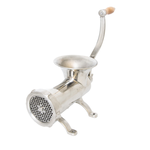 Handcrafted stainless steel mounted meat grinder with a smooth wooden handle and pre-drilled base, ideal for Kitchen & Food, Specialty Equipment, Butchering Supplies, Best Sellers, Promo Eligible collections.
