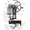 Detailed black and white diagram of a handcrafted all-aluminum can sealer with labeled parts including flywheel, crank handle, and sealing components, for use in Kitchen & Food, Food Preservation, Canning, and Canning Accessories collections.