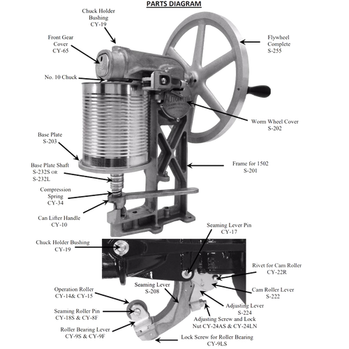 Detailed black and white diagram of a handcrafted all-aluminum can sealer with labeled parts including flywheel, crank handle, and sealing components, for use in Kitchen & Food, Food Preservation, Canning, and Canning Accessories collections.