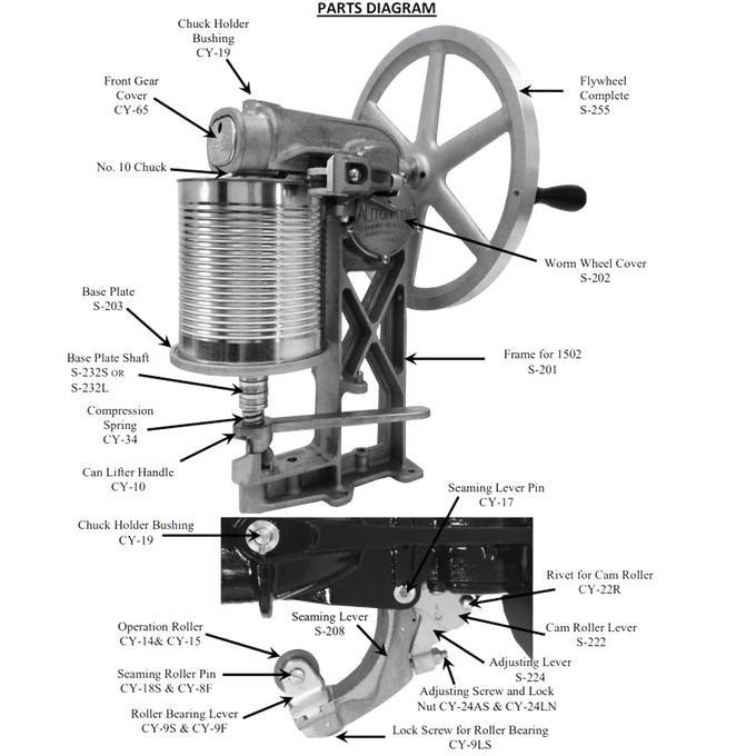 Detailed black and white diagram of a handcrafted all-aluminum can sealer with labeled parts including flywheel, crank handle, and sealing components, for use in Kitchen & Food, Food Preservation, Canning, and Canning Accessories collections.