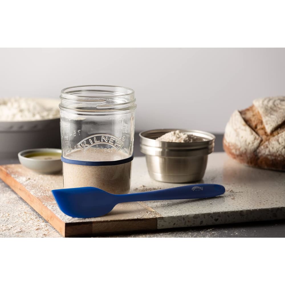 Handcrafted Kilner sourdough starter set featuring two glass jars with metal lids, a stainless steel measuring lid, and a blue silicone spatula, perfect for Kitchen & Food, Cookware, and Baking Supplies collections.
