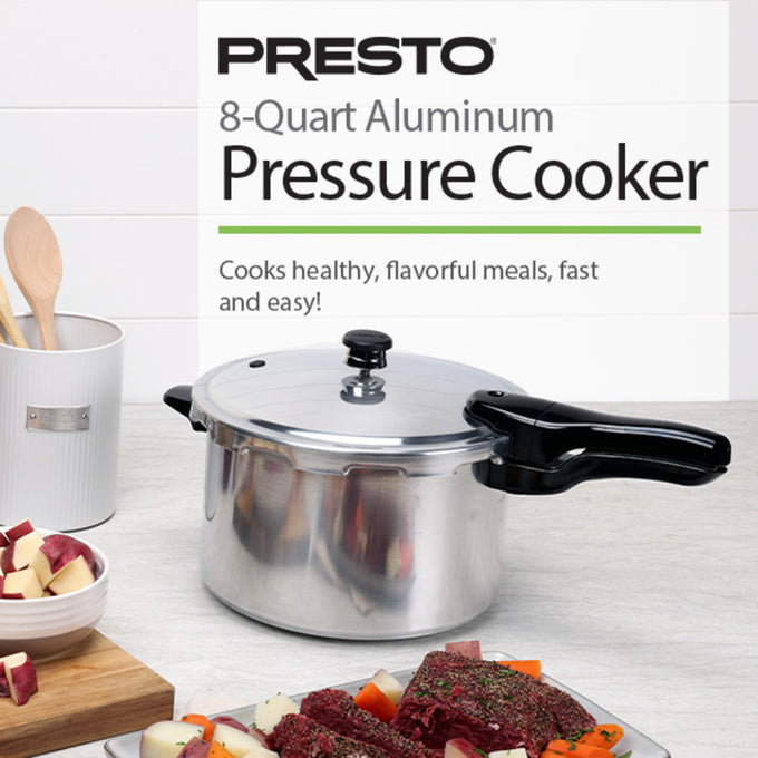 Handcrafted aluminum pressure cooker with polished finish and black handle, shown on kitchen counter with fresh vegetables and cooked meat, featured in Kitchen & Food, Cookware, Pots and Pans, Best Sellers, and Promo Eligible collections.