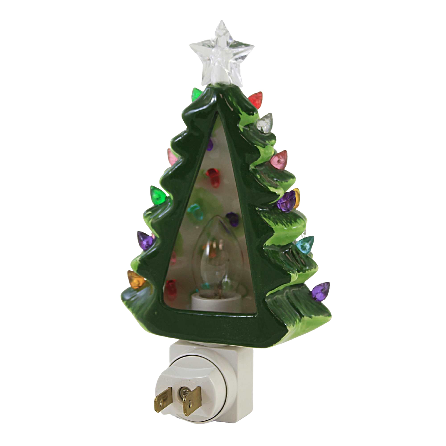 Handcrafted vintage-style ceramic Christmas tree nightlight with colorful purple, pink, green, red, yellow, blue, and clear bulbs and clear star topper, designed for Home & Decor, Holiday Decor, Best Sellers, and Promo Eligible collections.