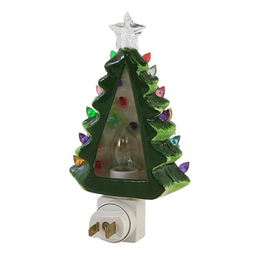 Handcrafted vintage-style ceramic Christmas tree nightlight with colorful purple, pink, green, red, yellow, blue, and clear bulbs and clear star topper, designed for Home & Decor, Holiday Decor, Best Sellers, and Promo Eligible collections.