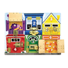 Wooden latch board with six numbered colorful doors featuring playful animals, designed to teach colors, numbers, and fine motor skills, perfect for indoor play and children's toys collections.
