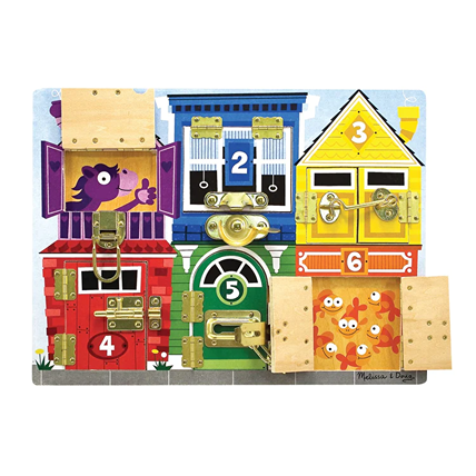 Wooden latch board with six numbered colorful doors featuring playful animals, designed to teach colors, numbers, and fine motor skills, perfect for indoor play and children's toys collections.