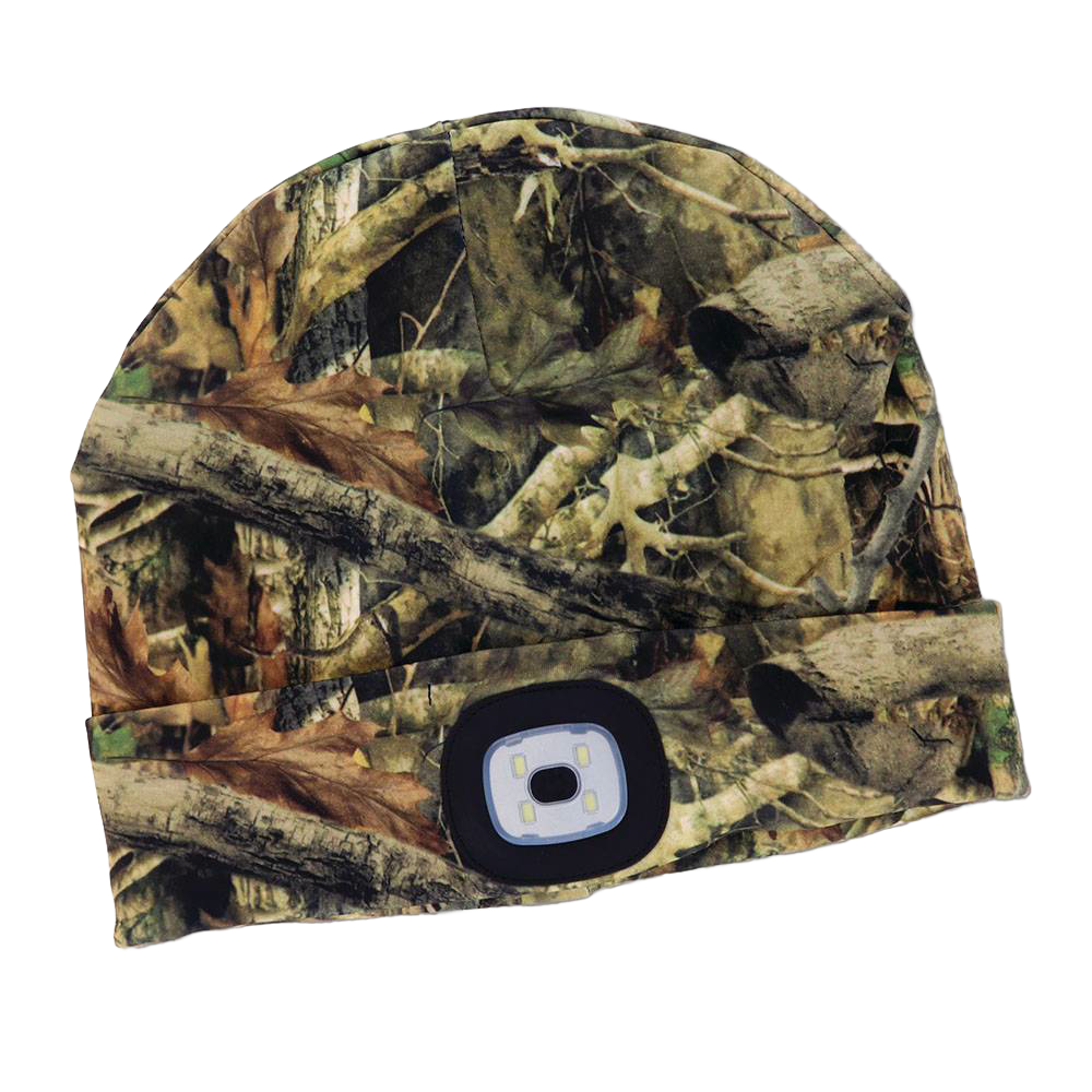 Camouflage patterned rechargeable LED beanie with built-in push-button light, designed for outdoor activities like camping and hunting, part of health, wellness, and camping gear.