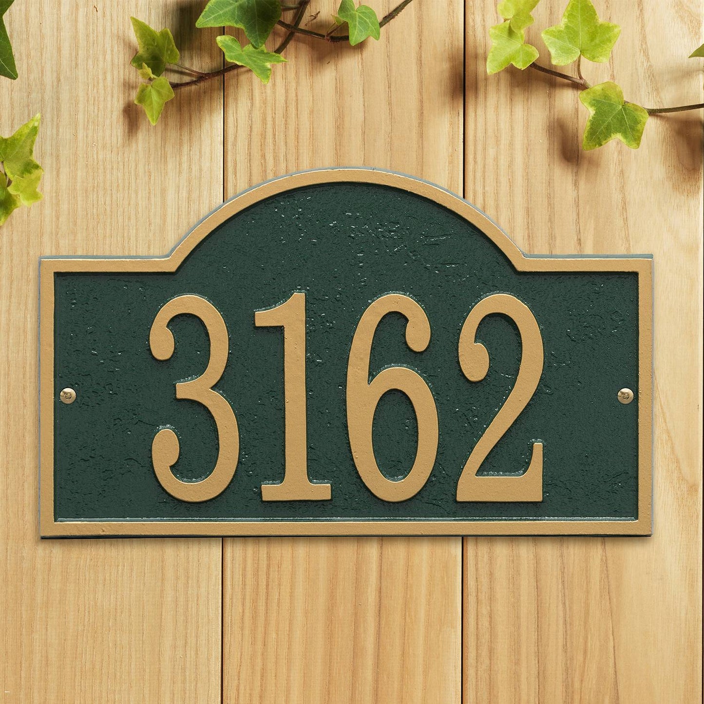 Handcrafted green and gold arched rectangle address plaque with bold numbers, designed in USA to enhance curb appeal, featured in Home & Decor, Mailboxes and Address Signs, and Best Sellers collections.