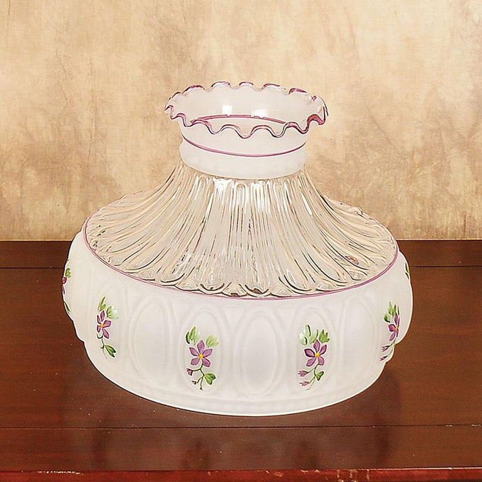 Handcrafted glass oil lamp shade with amethyst rose floral motifs, ruffled edge, and decorative ridged design, suitable for Lamps & Lighting, Lamp Shades, Parts and Accessories, and Best Sellers collections.