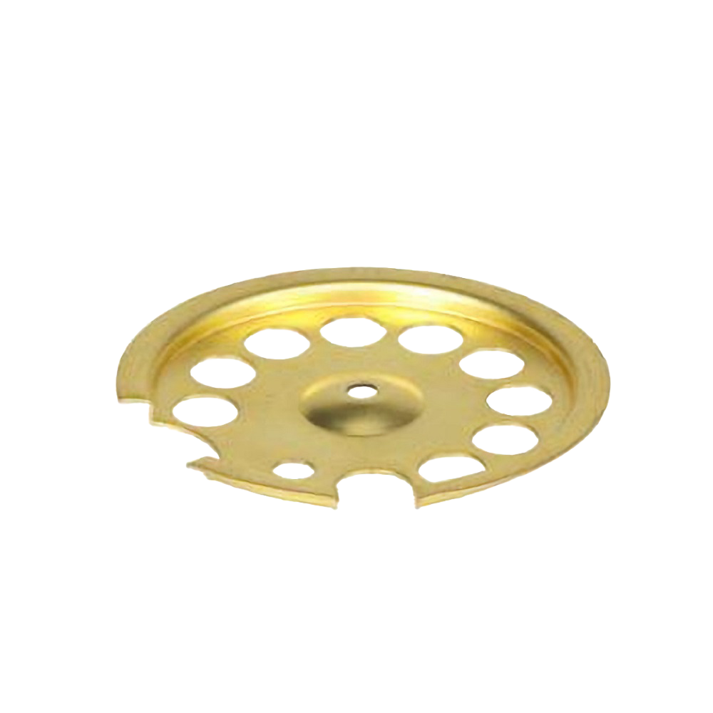 Handcrafted polished brass central bottom plate with multiple circular cutouts and a single screw hole, designed for connecting tank and lantern frame in Lamps & Lighting, Parts and Accessories, Other Parts, Best Sellers, and Promo Eligible collections.