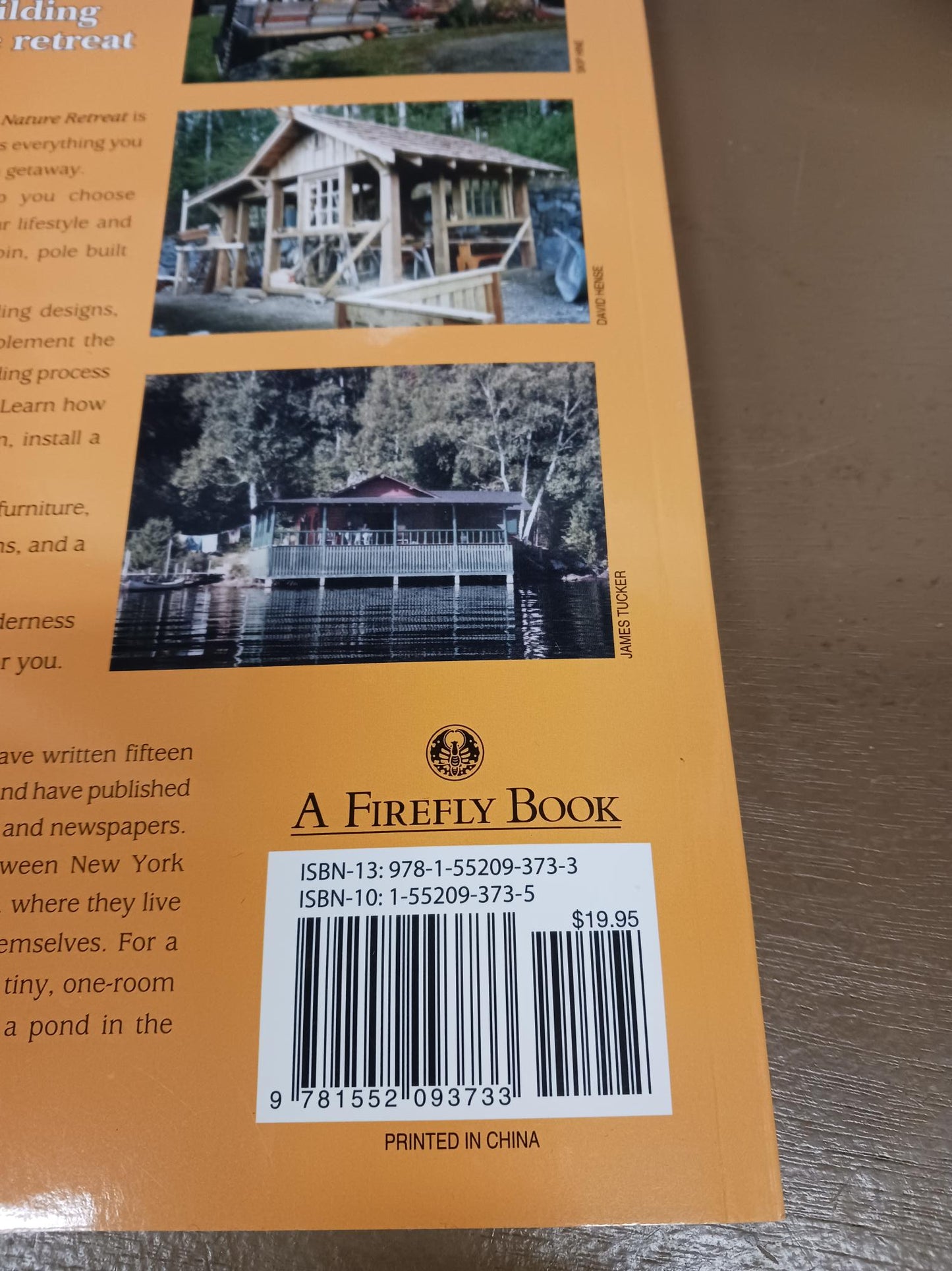Back cover of a nature retreat guidebook featuring photos of rustic cabins by water, barcode and price, part of Toys, Books & Games, Home and Garden How-To Books, and Best Sellers collections.