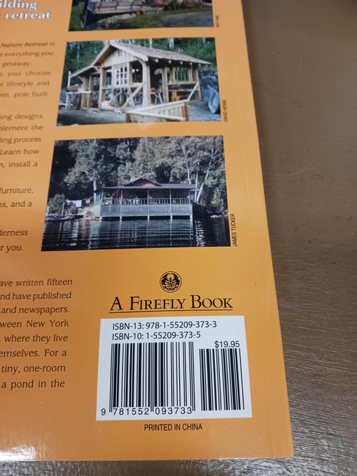 Back cover of a nature retreat guidebook featuring photos of rustic cabins by water, barcode and price, part of Toys, Books & Games, Home and Garden How-To Books, and Best Sellers collections.