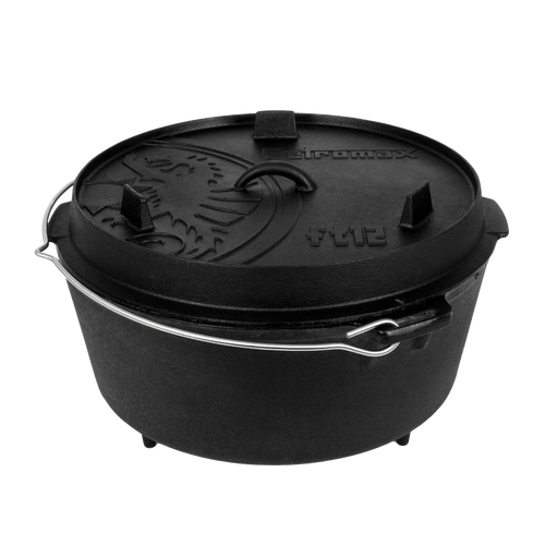 Heavy-duty cast iron Dutch oven with three legs, embossed lid featuring a metal bail handle, designed for versatile cooking and baking, part of Kitchen & Food, Cookware, Cast Iron, Best Sellers, and Promo Eligible collections.