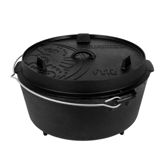 Heavy-duty cast iron Dutch oven with three legs, embossed lid featuring a metal bail handle, designed for versatile cooking and baking, part of Kitchen & Food, Cookware, Cast Iron, Best Sellers, and Promo Eligible collections.
